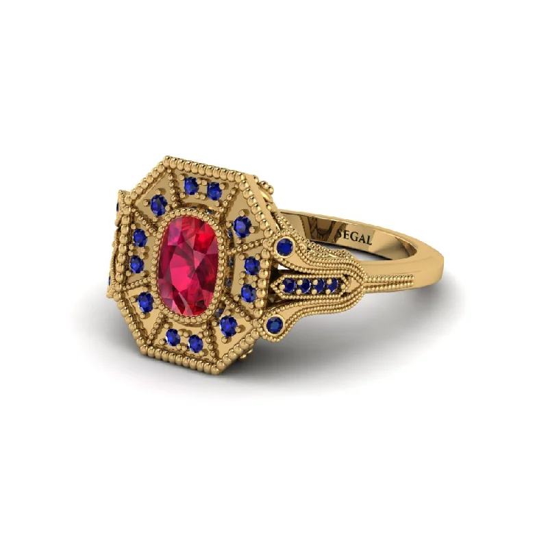 Women’s engagement rings with floral halo-Ruby Cushion Cut Art Deco Engagement Ring - Alicia No. 70