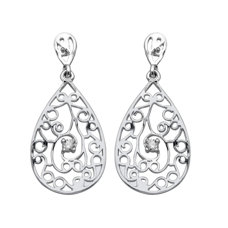 Women’s wedding earrings-Silver 925 Rhodium Plated Teardrop Filigree Dangling Earrings