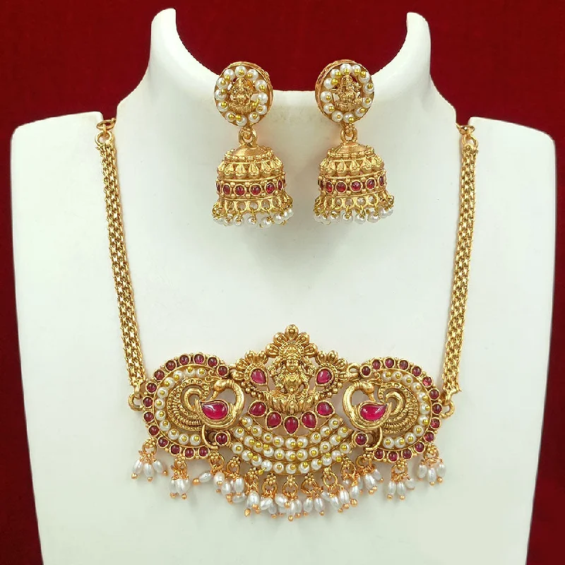 Women’s diamond necklaces-Joyful Jewel Art Matte Gold Plated Kundan Stone And Temple Choker Necklace Set