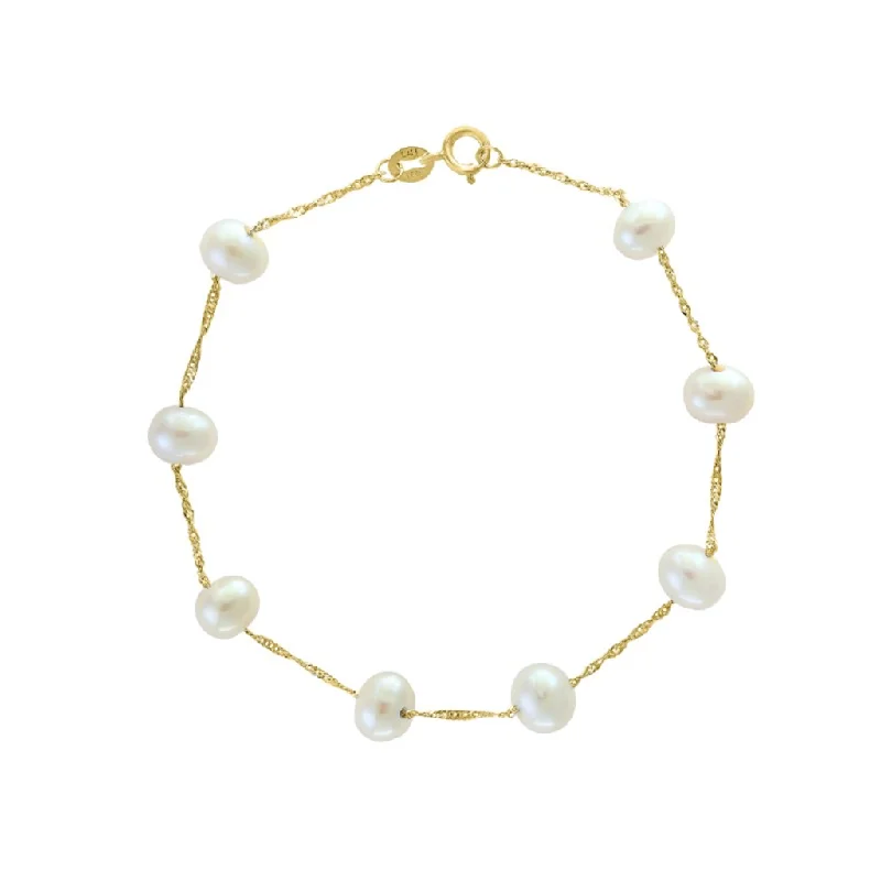 Women’s statement bracelets-14K Yellow Gold 6-6.5mm Freshwater Pearl Station Bracelet