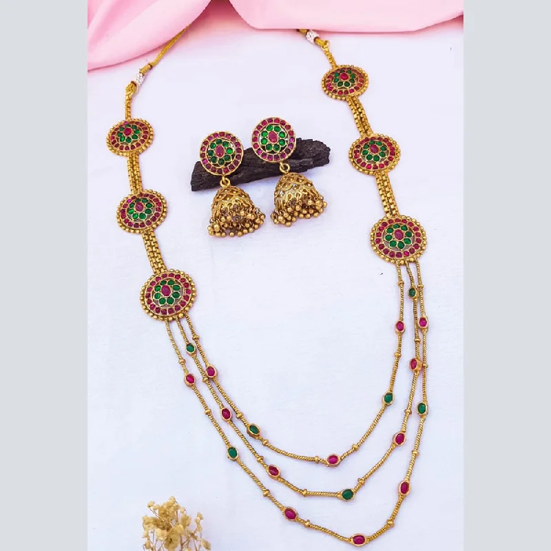 Women’s layered silver necklaces-Sangita Creation  Copper Gold  Pota Stone Multi Layer Long  Necklace Set