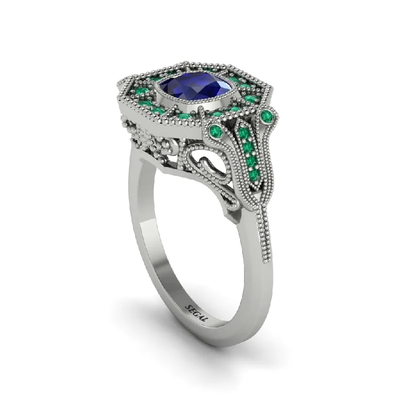 Women’s engagement rings with emeralds-Sapphire Cushion Cut Art Deco Engagement Ring - Kristin No. 30