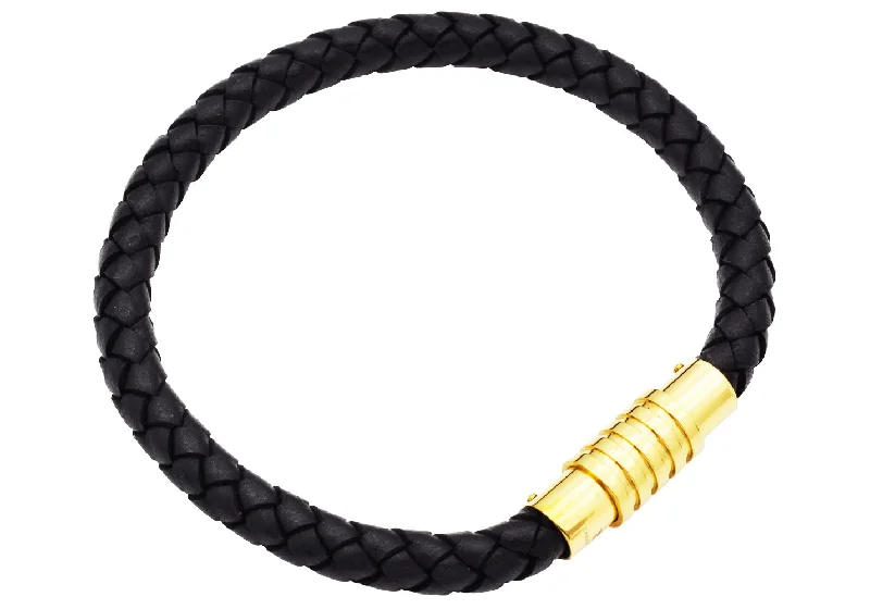 Women’s charm bracelets-Mens Black Leather And Gold Plated Stainless Steel Bracelet