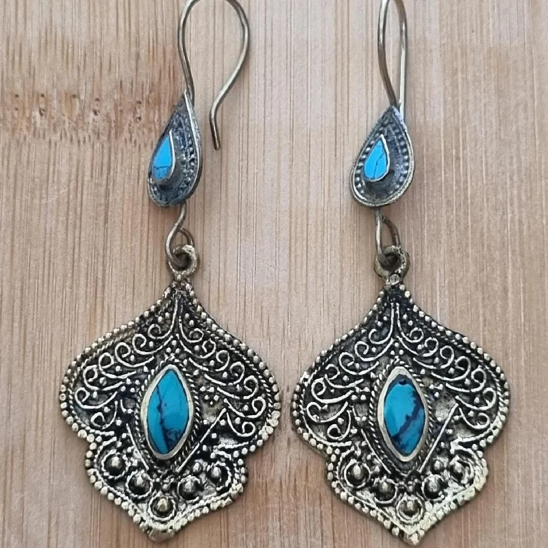 Women’s long dangly earrings-Exquisite Afghan Turquoise Tribal Earrings