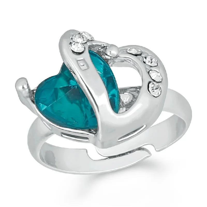 Women’s vintage rings-Mahi Rhodium Plated Dual Heart Love Finger Ring With Crystal Stone