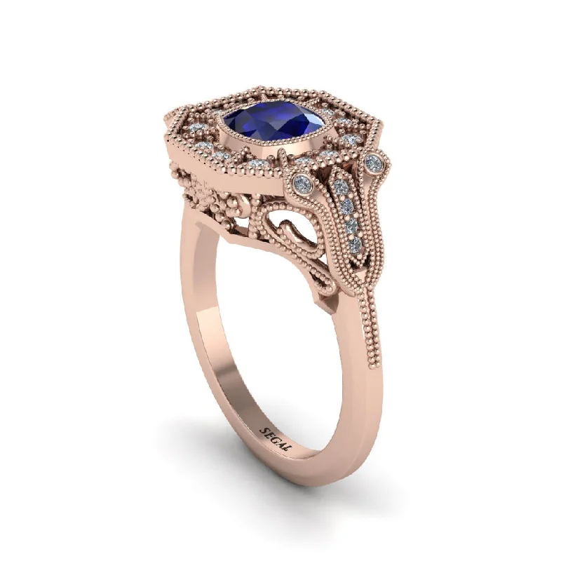 Women’s engagement rings with stone accent-Sapphire Cushion Cut Art Deco Engagement Ring - Kristin No. 14