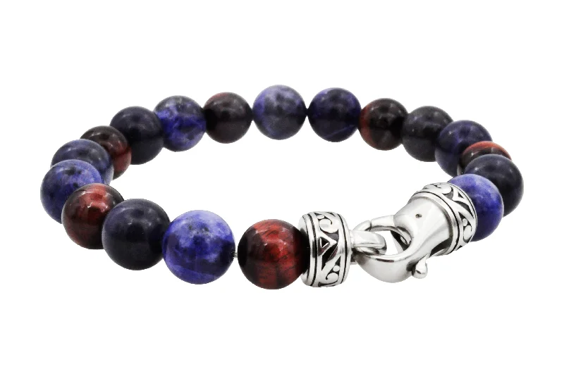 Women’s gold plated bangles-Mens Genuine 10mm Sodalite And Red Tiger Eye Stainless Steel Beaded Bracelet