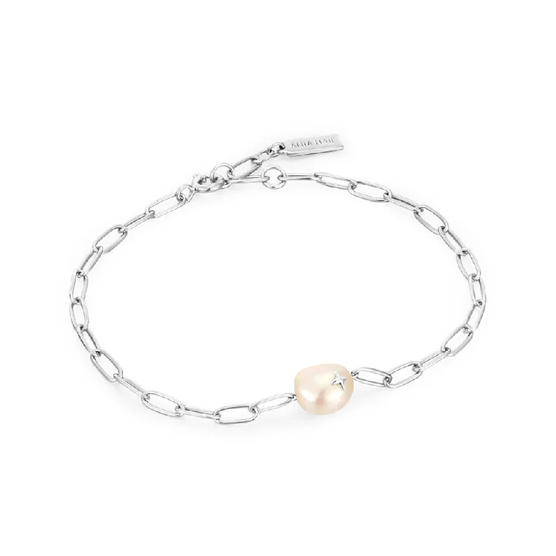 Women’s unique bangles-Sterling Silver Paperclip Chain Pearl Sparkle Bracelet by Ania Haie