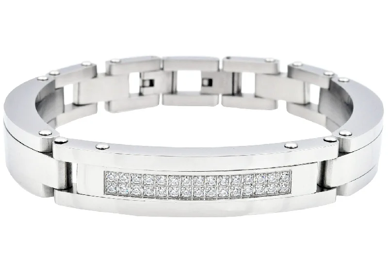 Women’s beaded bracelets-Mens Stainless Steel Link Bracelet With Cubic Zirconia