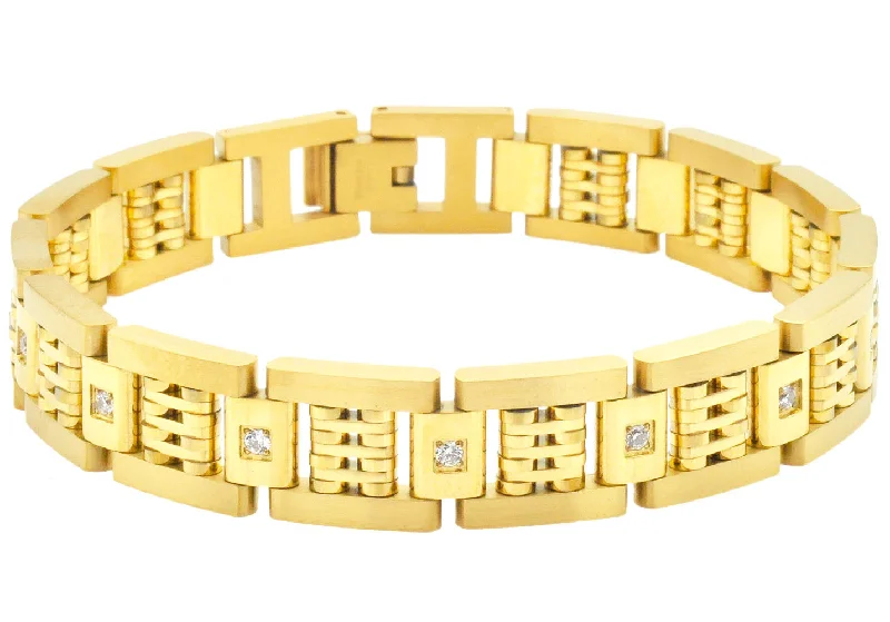 Women’s chic bangles-Mens Gold Plated Stainless Steel Bracelet With Cubic Zirconia