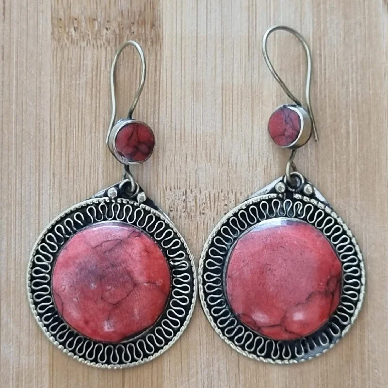 Women’s custom earrings-Handmade Tribal Circle Earrings - Red Stone