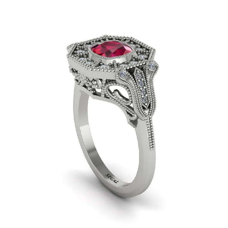 Women’s engagement rings with curved band-Ruby Cushion Cut Art Deco Engagement Ring - Kristin No. 12