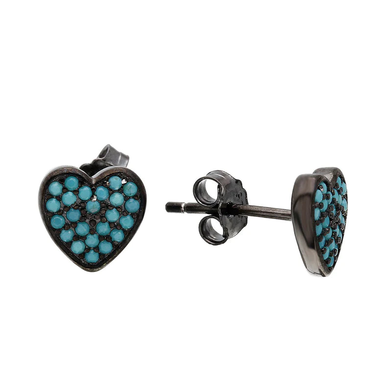 Women’s gothic earrings-Silver 925 Black Rhodium Plated Heart Earrings with Turquoise Stones