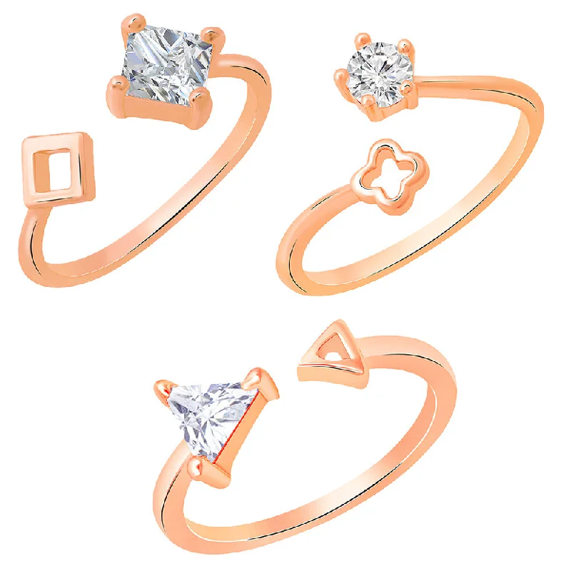 Women’s statement rings-Mahi Rose Gold Plated Combo of 3 Geometrical Shapes Adjustable Finger Rings with Cubic Zirconia for Women (CO1105443Z)