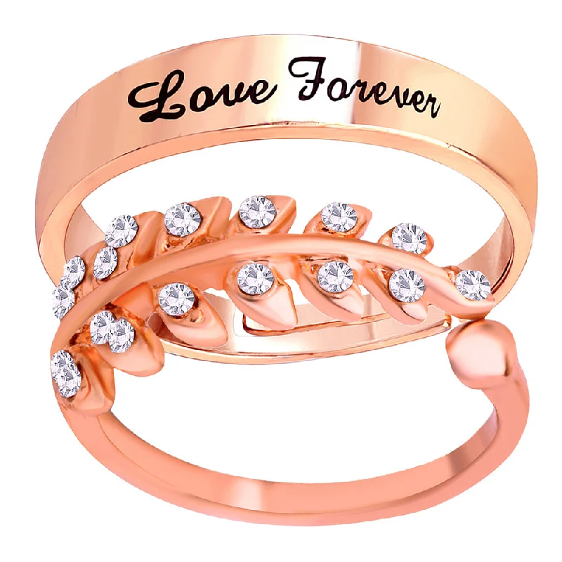 Women’s engraved wedding bands-Mahi Rose Gold Plated Valentine Gifts Love Forever and Leavs Shaped Adjustable Couple Ring with Crystal (FRCO1103177Z)