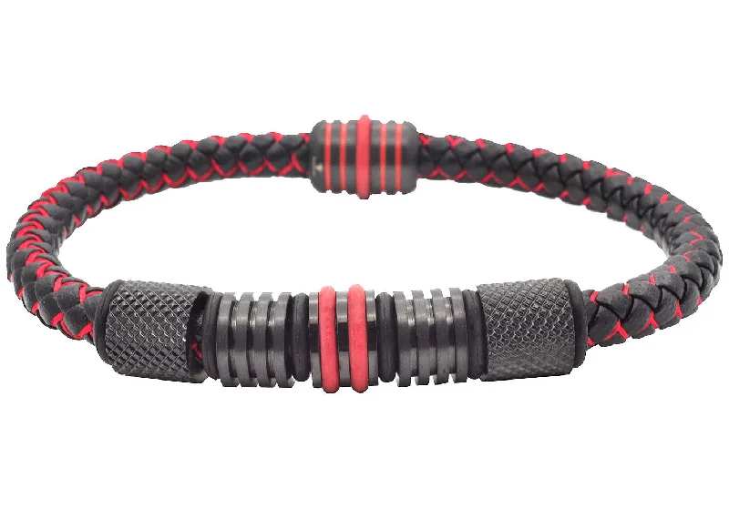 Women’s festive bangles-Mens Two-Tone Black and Red Leather Stainless Steel Bracelet