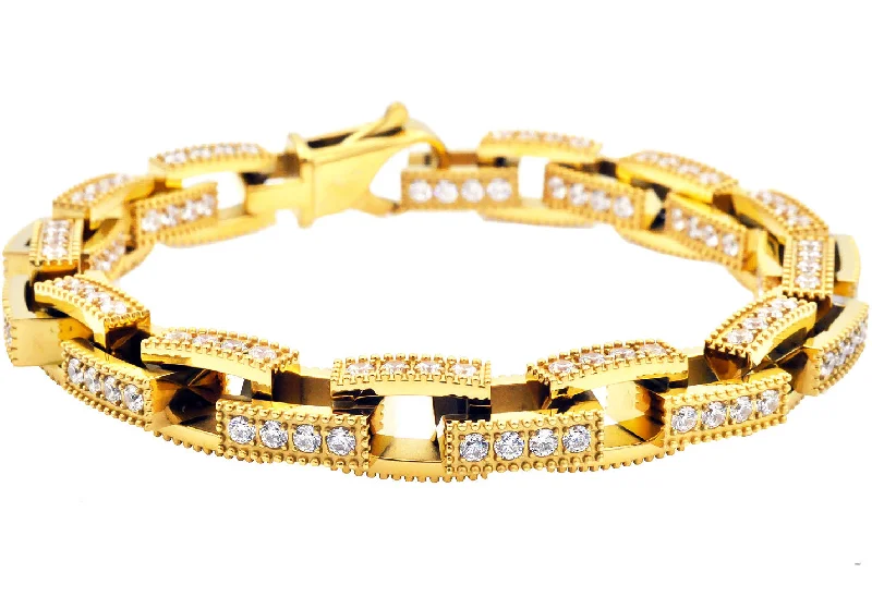 Women’s infinity bangles-Mens Gold Stainless Steel Square Link Chain Bracelet with Cubic Zirconia