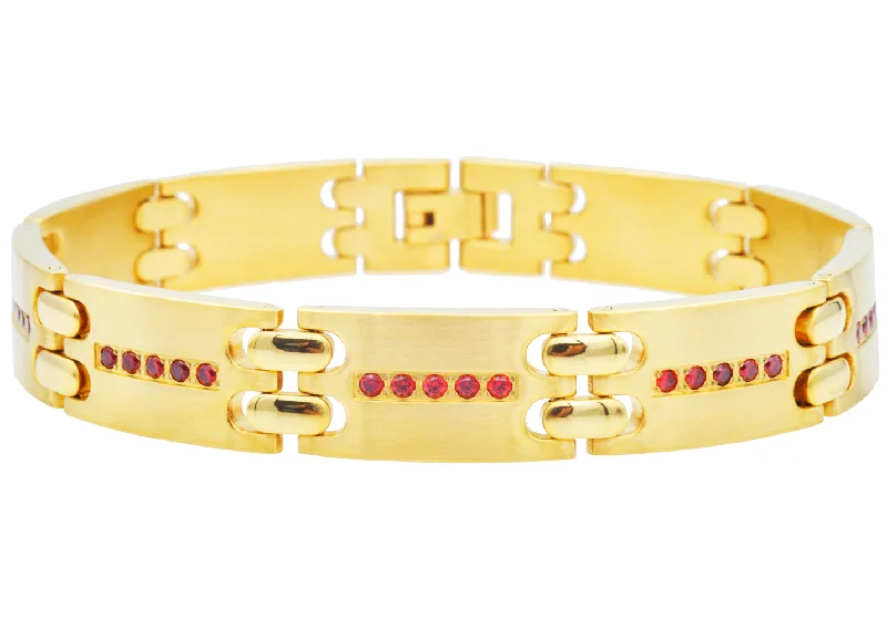 Women’s wooden bracelets-Mens Gold Stainless Steel Bracelet With Red Cubic Zirconia