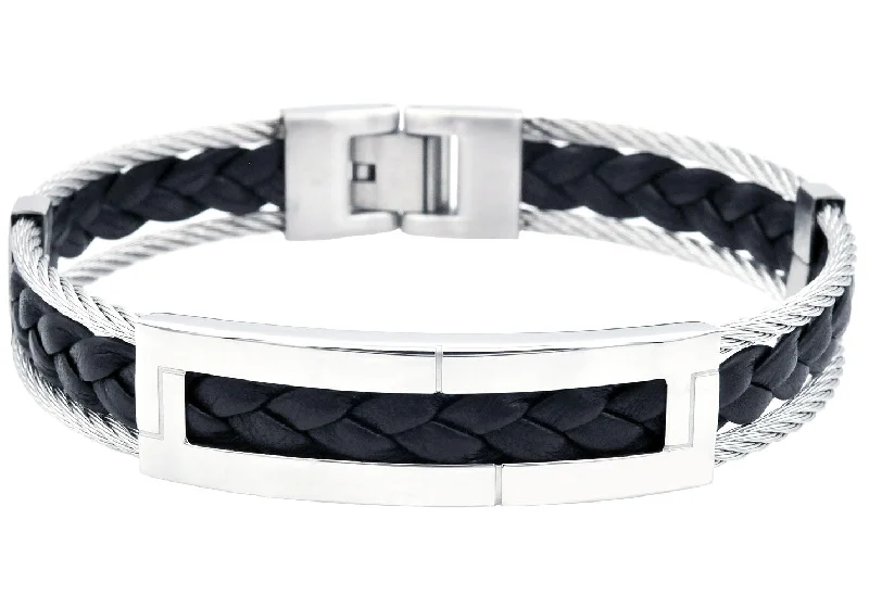 Women’s anniversary bracelets-Mens Stainless Steel Black Leather Cable Bracelet