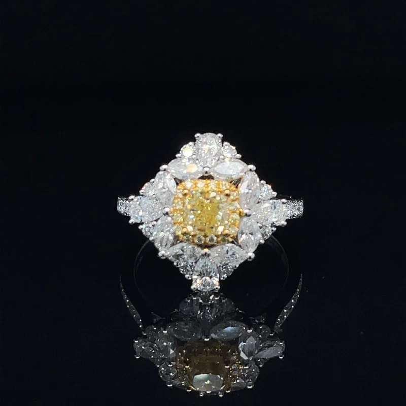 Women’s minimalist engagement rings-Fancy Yellow & White Diamond Cluster Engagement Ring in 18k Two-Tone Gold - #538 - RGDIA669200