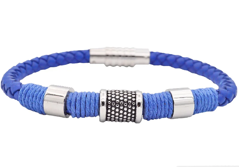 Women’s elegant bangles-Mens Blue Leather Stainless Steel Bracelet