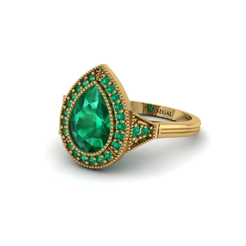 Women’s engagement rings with a band-Pear Cut Emerald Milgrain Halo Engagement Ring - Daleyza No. 19