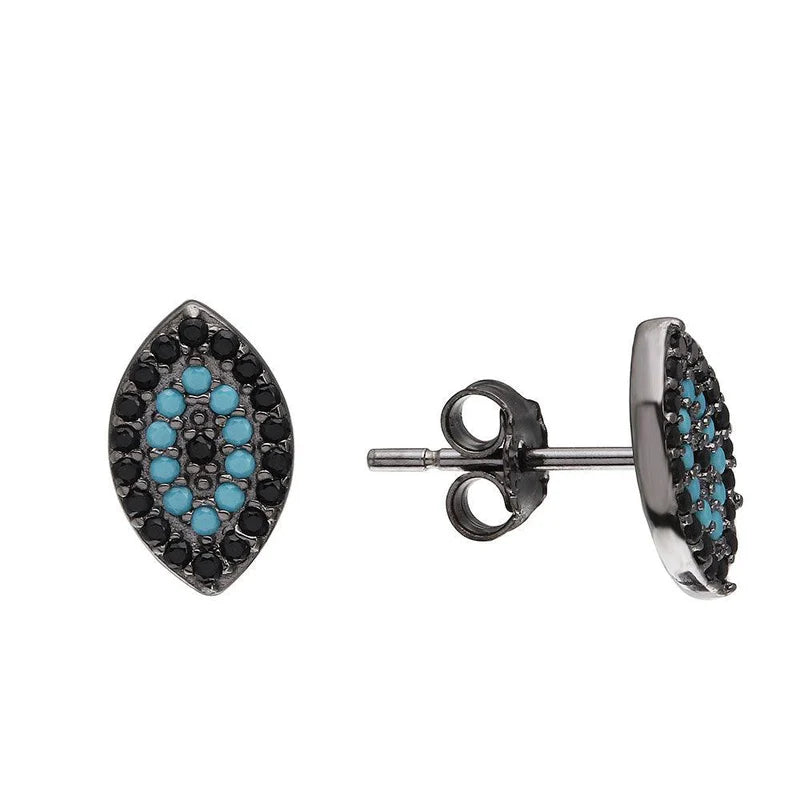 Women’s gold stud earrings-Black Rhodium Plated 925 Sterling Silver Evil Eye Earrings with Black CZ and Turquoise Stones