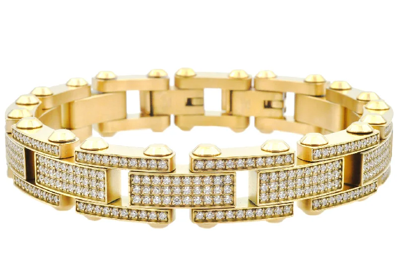 Women’s cuff bangles-Mens Gold Stainless Steel Link Bracelet With Cubic Zirconia