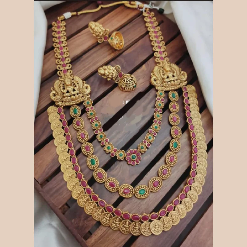 Women’s matching necklace sets-Sangita Creation  Copper Gold  Pota Stone Temple Long  Necklace Set