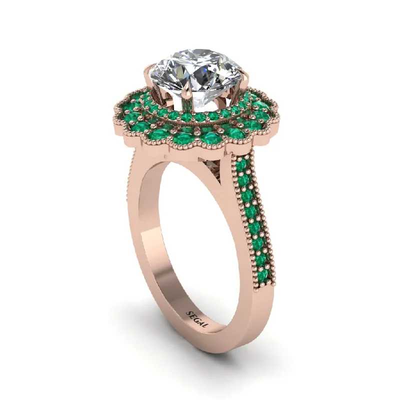 Women’s platinum engagement rings-Emerald Double Halo Cathedral Engagement Ring - Deirdre No. 17