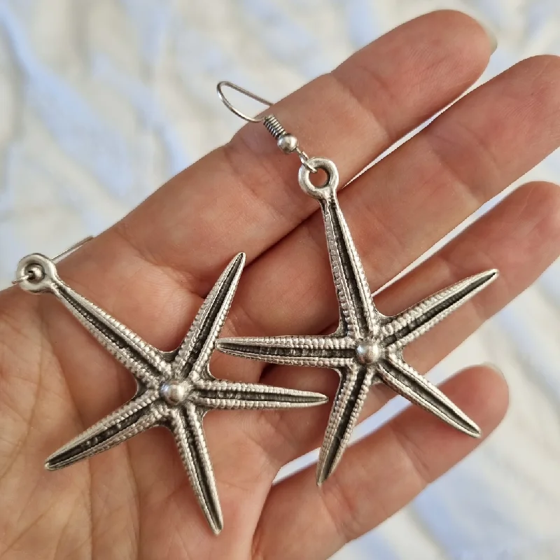 Women’s platinum earrings-Boho Large Silver Starfish Earrings  - Beachy Bohemian Jewellery