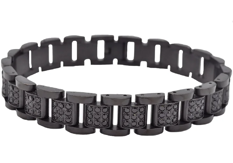 Women’s silver bracelets-Mens Black Stainless Steel Link Bracelet With Black Cubic Zirconia