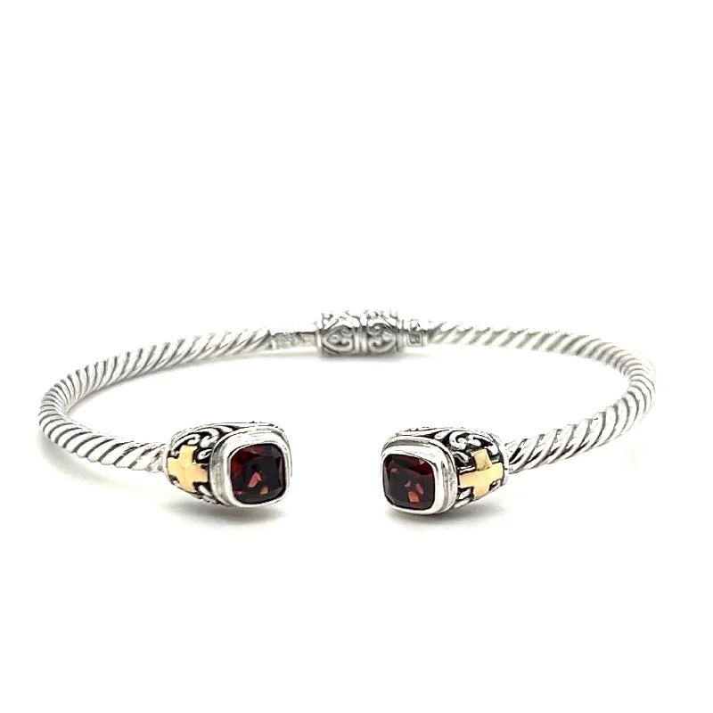 Women’s square-shaped bracelets-Sterling Silver & 18K Yellow Gold Garnet Cuff Bracelet by Samuel B.