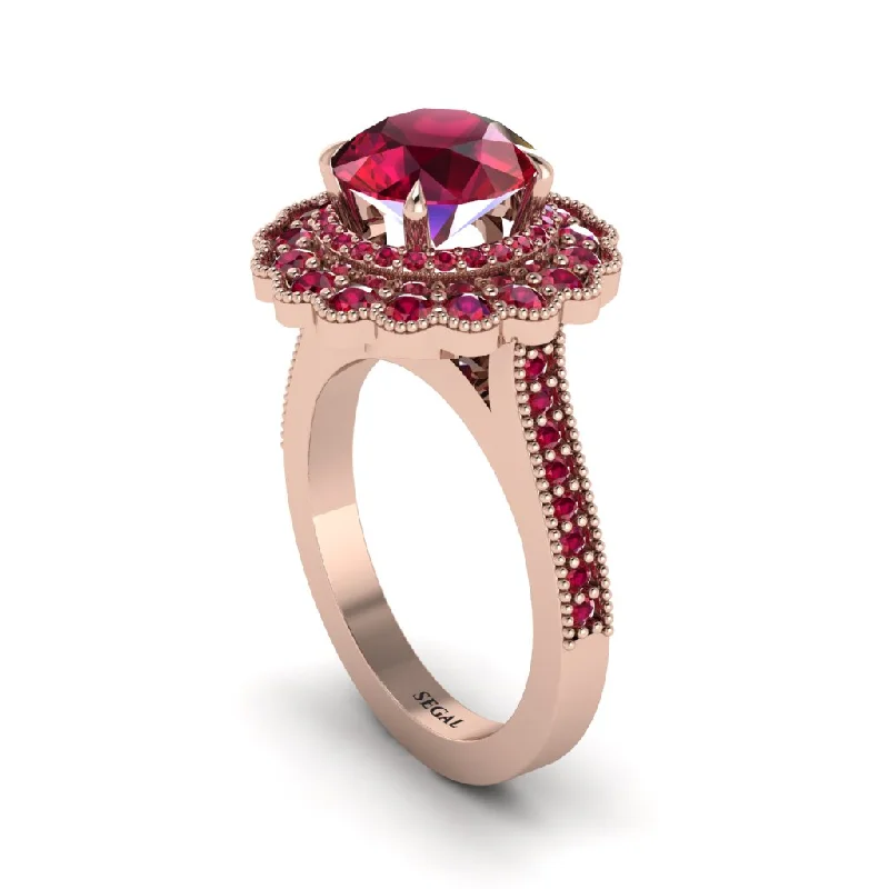 Women’s engagement rings with tension setting-Ruby Double Halo Cathedral Engagement Ring - Deirdre No. 56