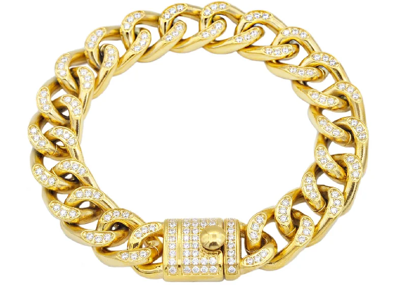 Women’s charm bracelets-Mens Gold Stainless Steel Curb Link Chain Bracelet With Cubic Zirconia