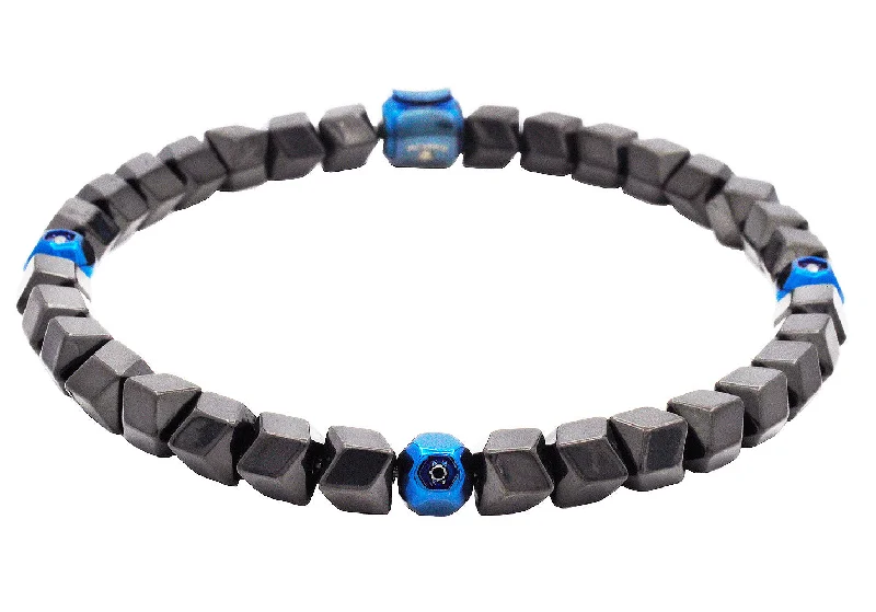 Women’s twisted bracelets-Mens Black and Blue Bead Stainless Steel Bracelet with Black Cubic Zirconia