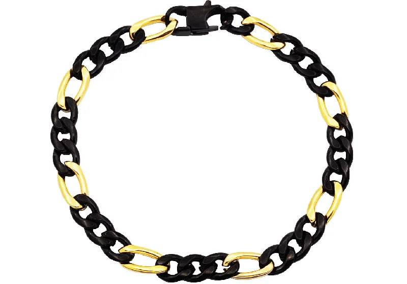 Women’s silver bangles-Mens Two-Toned Gold & Black Stainless Steel Figaro Link Chain Bracelet