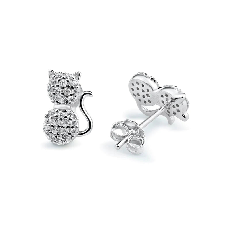 Women’s butterfly earrings-Silver 925 Rhodium Plated Cat Clear CZ Stud Earrings