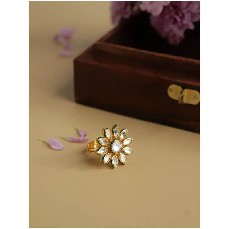 Women’s luxury diamond rings-Curio Cottage Bridal Kundan and Gold Daffodil Ring