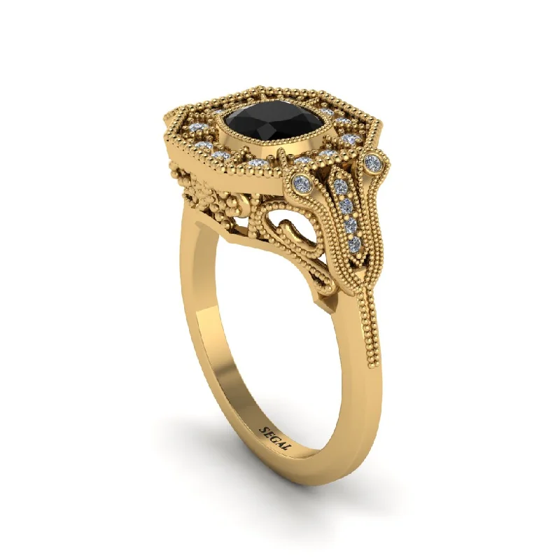 Women’s engagement rings with mixed metals-Black Diamond Cushion Cut Art Deco Engagement Ring - Kristin No. 7