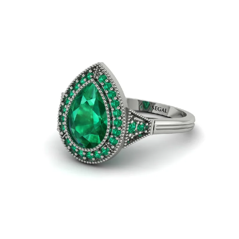 Women’s engagement rings with geometric designs-Pear Cut Emerald Milgrain Halo Engagement Ring - Daleyza No. 21