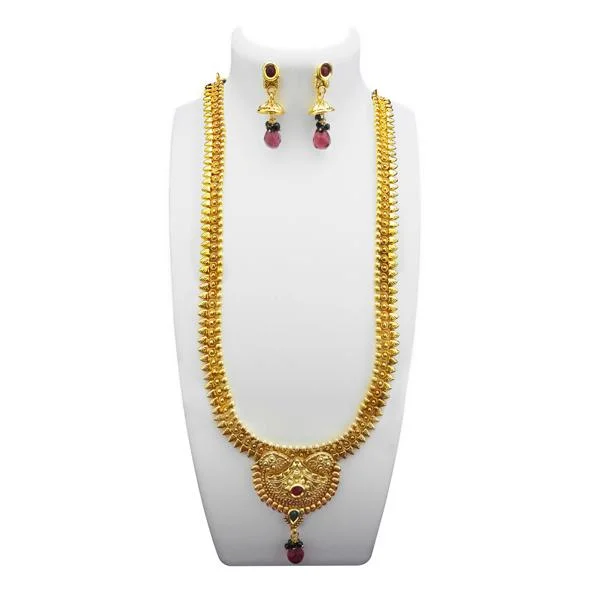 Women’s statement chain necklaces-Utkrishtt Gold Plated Maroon Pota Stone Copper Necklace Set - 1108331