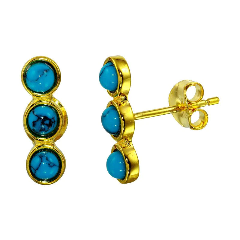 Women’s initial earrings-Silver 925 Gold Plated 3 Round Turquoise Earrings