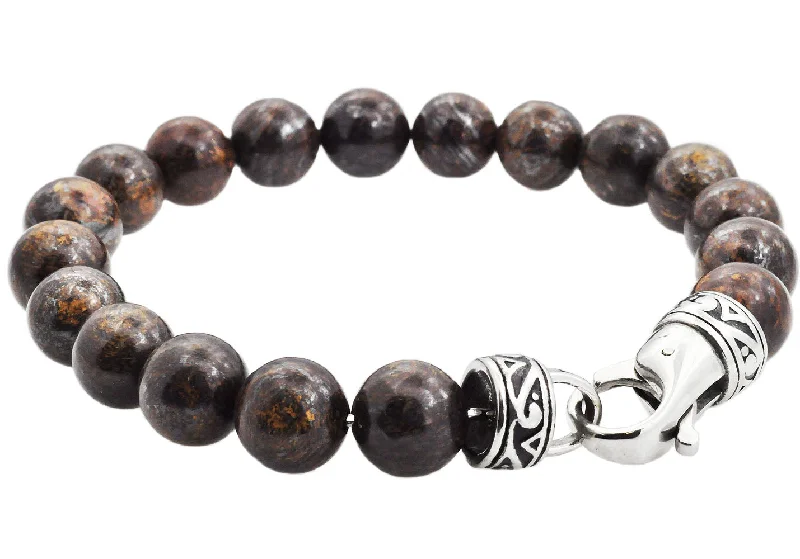 Women’s friendship bracelets-Mens Genuine 10mm Bronzinite Stainless Steel Beaded Bracelet