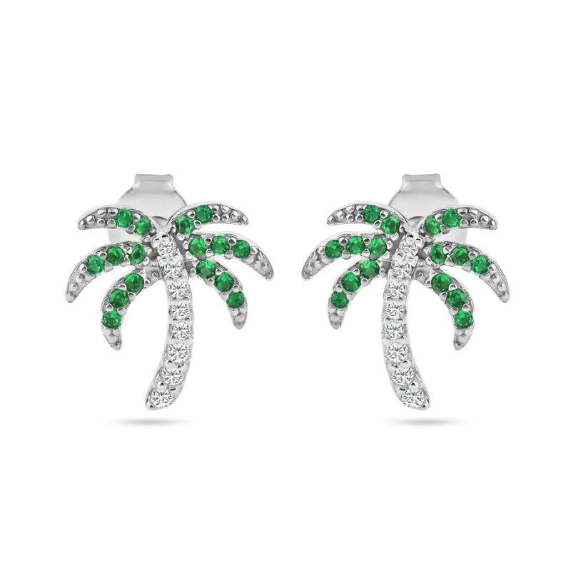 Women’s chandelier earrings-Silver 925 Rhodium Plated PalmTree Clear, Green and Black CZ Stud Earrings