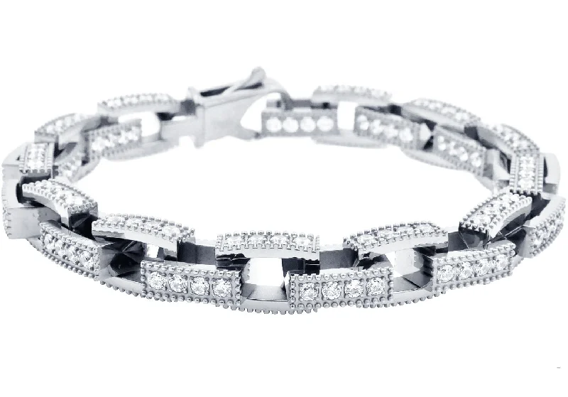 Women’s animal print bracelets-Mens Stainless Steel Square Link Chain Bracelet with Cubic Zirconia