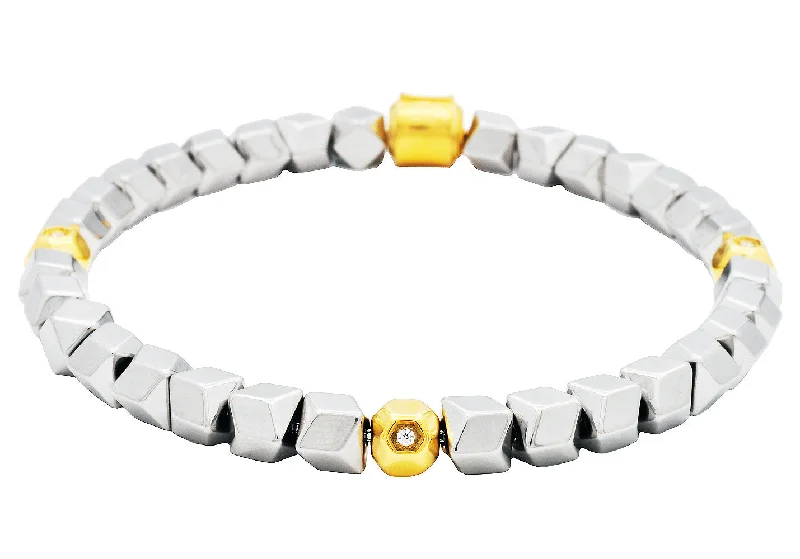 Women’s statement bracelets-Men's Two Tone Gold Stainless Steel Beaded Bracelet With Cubic Zirconia