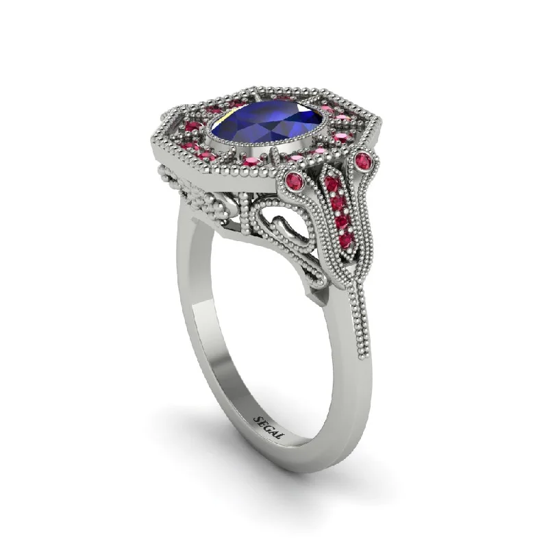 Women’s engagement rings with floral halo-Sapphire Oval Cut Art Deco Engagement Ring - Tabitha No. 60