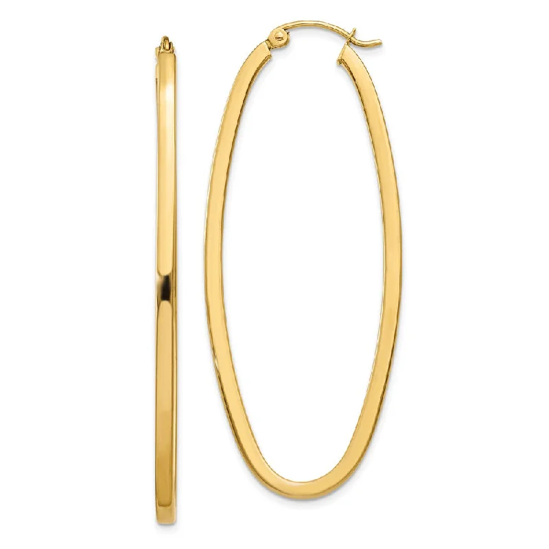 Women’s abstract earrings-2mm, 14k Yellow Gold Square Tube Oval Hoop Earrings, 50mm (1 7/8 Inch)