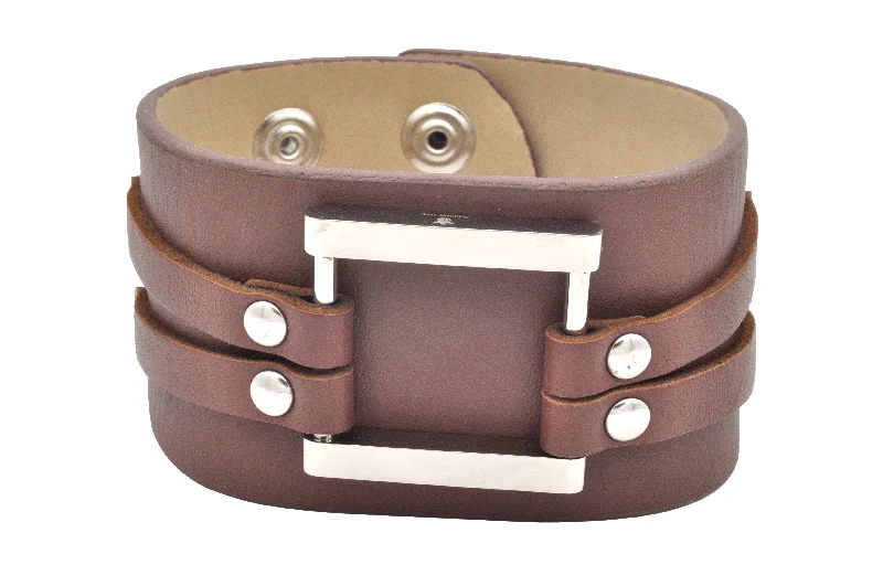 Women’s luxury bracelets-Mens Brown Leather Stainless Steel Bracelet